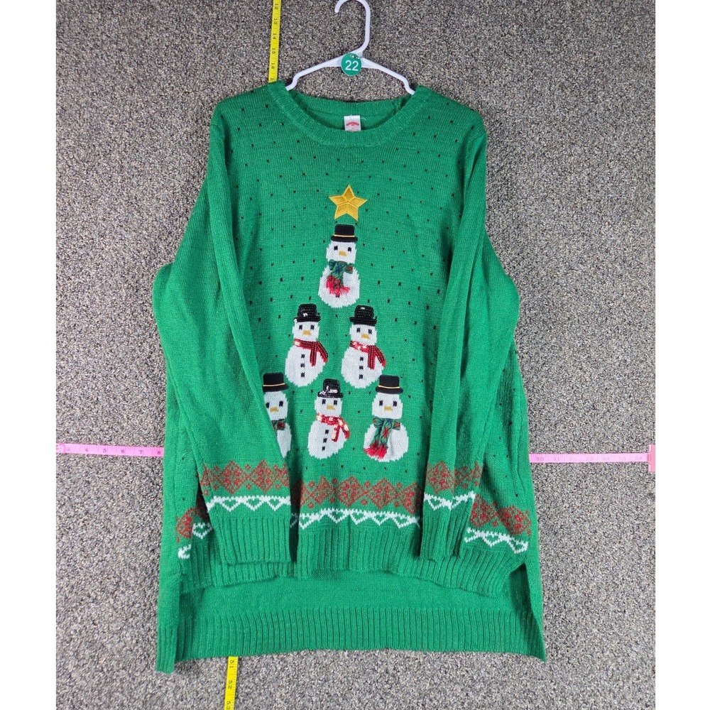 No Boundaries Holiday Sweater Women 3XL Green Snowman Sequin Festive Knit